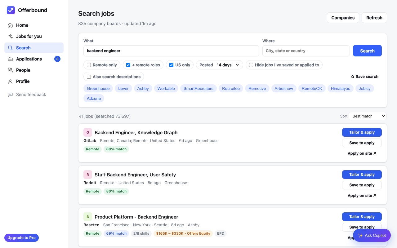 Offerbound job search: ranked results with match scores, filters and one-click save